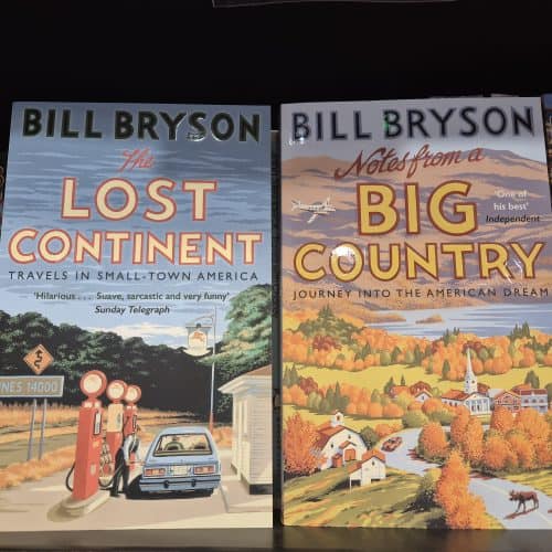 A pair of colourful travel books by Bill Bryson, focusing on American travel and landscapes. Perfect for readers interested in exploring small-town America, the American dream, and travel adventures.