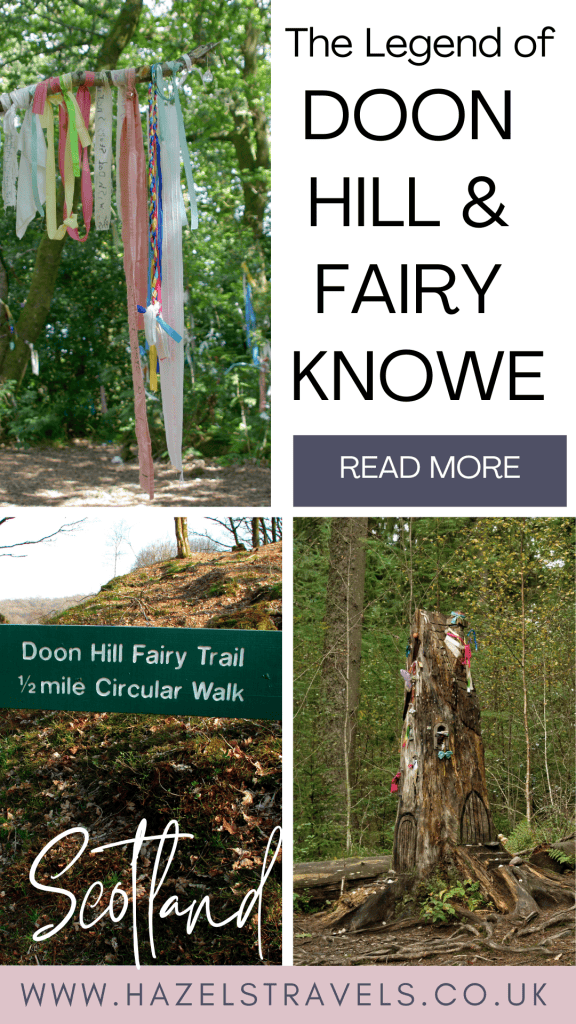 Doon Hill Fairy Trail in Scotland with decorative ribbons and woodland scenery.