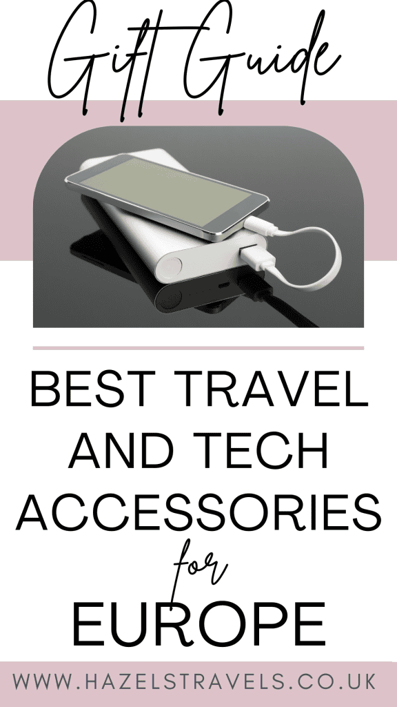 Portable phone charger charging a smartphone, ideal travel tech accessory for Europe, compact power bank for travel, convenient charging device for travellers, essential travel tech gadget.
