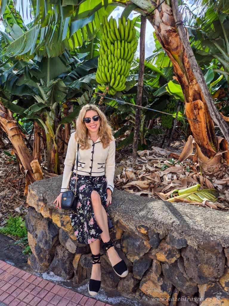 A woman wearing sunglasses and a light jacket sits on a stone wall in front of banana plants with green bananas hanging overhead.