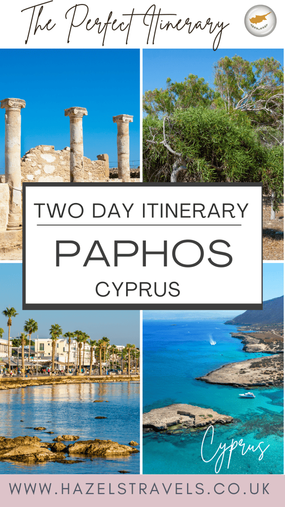 Ancient Greek ruins with columns, picturesque lush green trees, vibrant coastal scenery with boats, and modern waterfront in Paphos, Cyprus, perfect for a two-day travel itinerary.