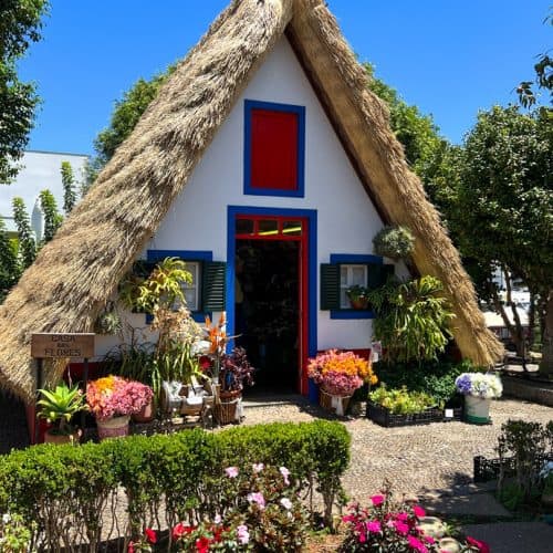 Colourful traditional house with a thatched roof, vibrant flowers, and lush greenery, perfect for Italian countryside travel experiences, showcasing picturesque scenery and rustic charm.