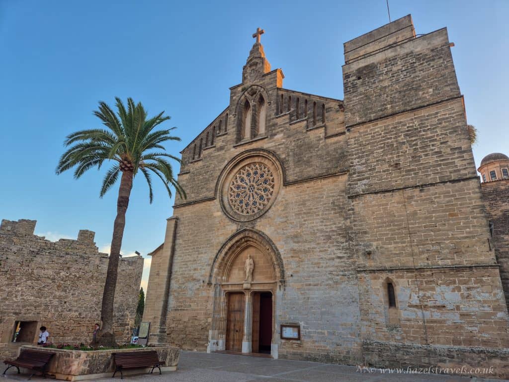 Ancient stone church with rose window, bell tower, and nearby palm tree in a Mediterranean town, historic architecture, Gothic style, religious site, travel destination, cultural heritage.