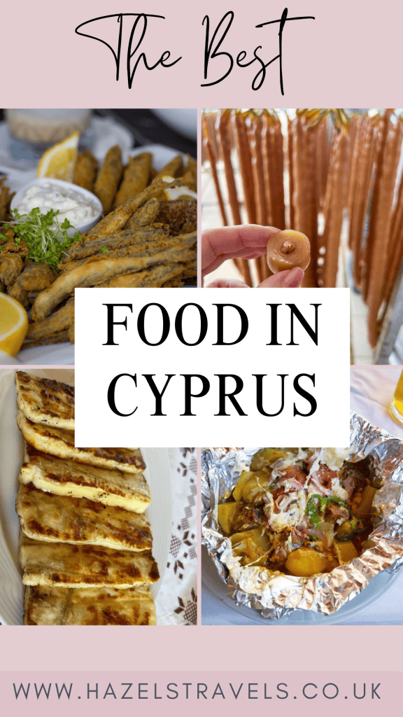 A collage showing fried seafood, grilled cheese, roasted meat with potatoes, a hand holding a fig, and traditional sausage links, with text reading "Food in Cyprus.