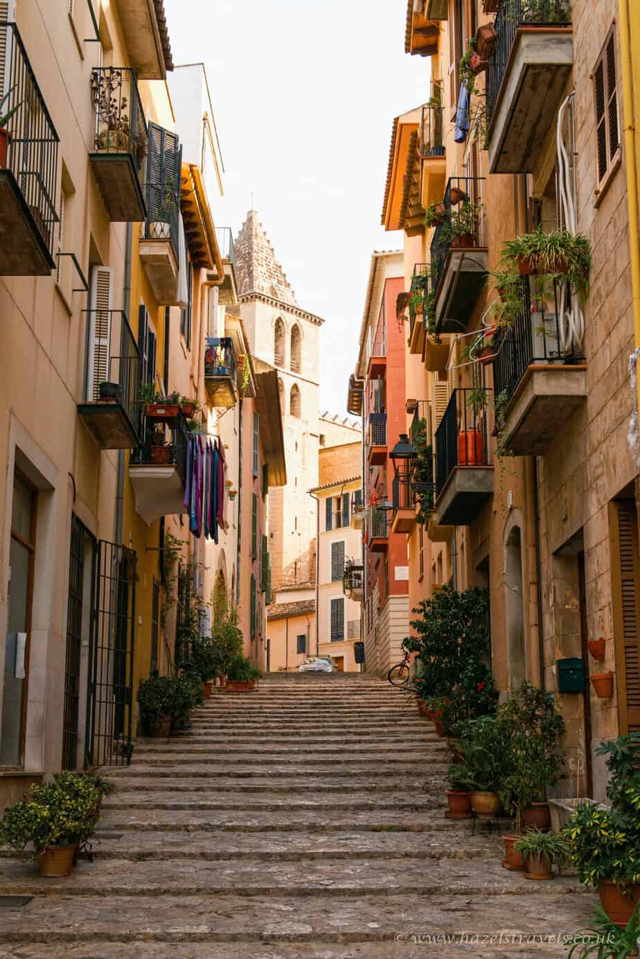Colourful narrow street in a hilltop Italian village with potted plants and laundry hanging from balconies, overlooking a church steeple.