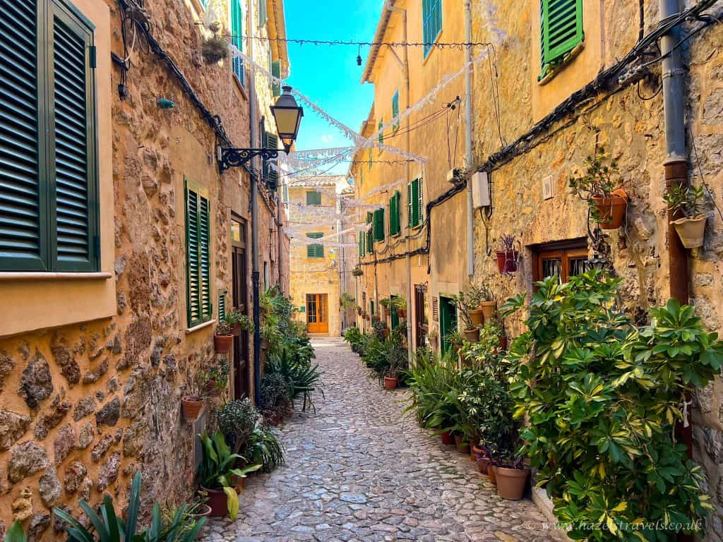 Charming cobblestone alley in a picturesque Mediterranean village with colourful stone buildings and lush potted plants.