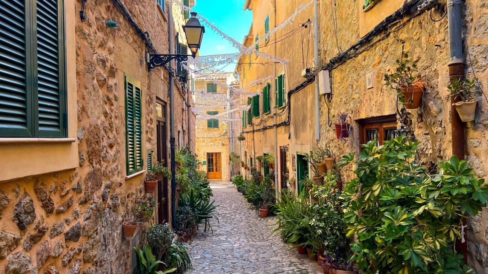 Charming cobblestone alley in a picturesque Mediterranean village with colourful stone buildings and lush potted plants.
