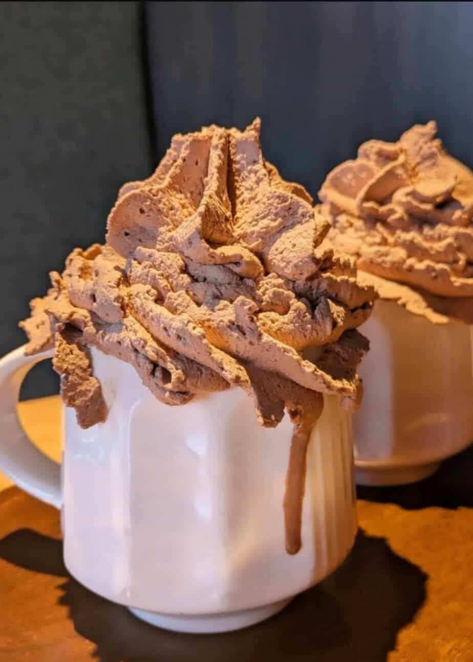 Hotel Chocolat hot chocolate, Edinburgh - Mug of rich hot chocolate topped with generous swirls of whipped chocolate cream.