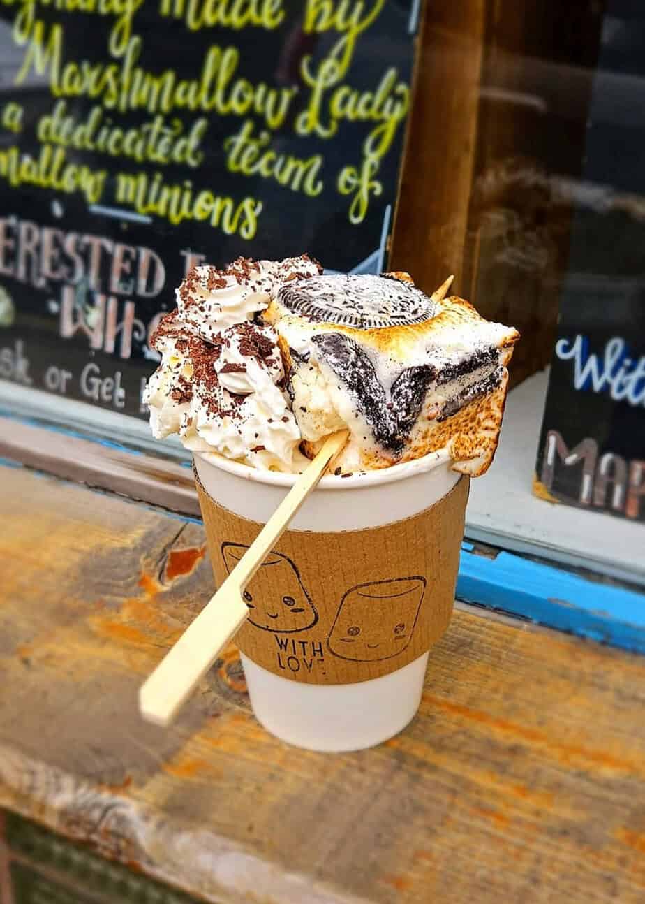 The Marshmallow Lady hot chocolate, Edinburgh - Cup of indulgent hot chocolate topped with a giant toasted marshmallow.