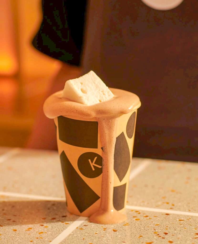 Knoops hot chocolate, London - Cup of rich hot chocolate topped with a toasted marshmallow from Knoops café in London.