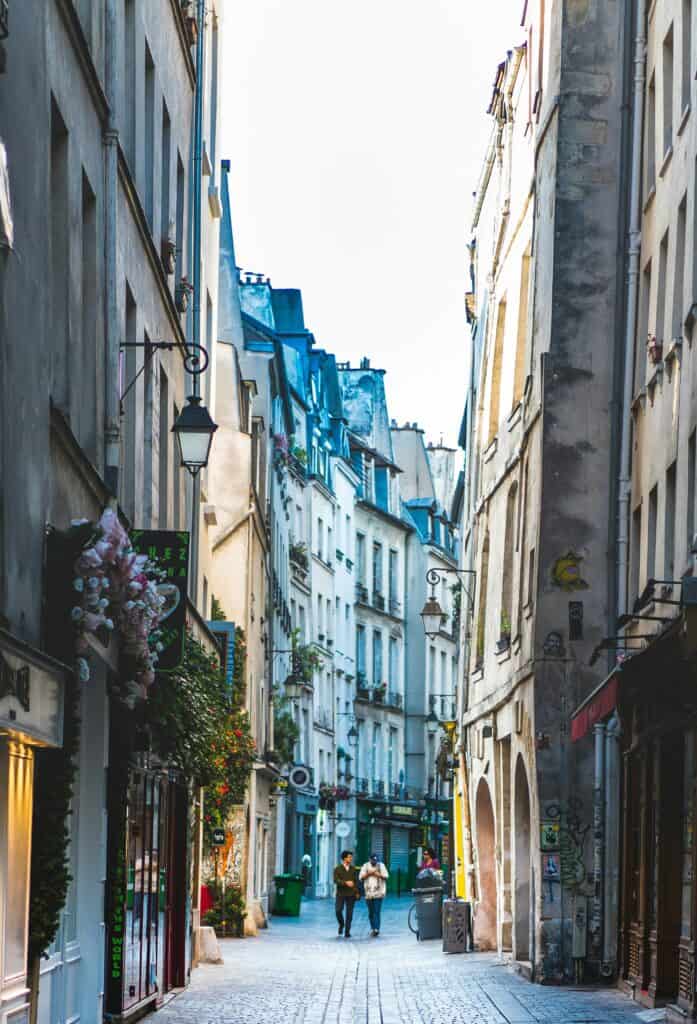 Le Marais street, Paris - Narrow cobbled street with blue shutters, hanging plants, and classic Parisian architecture.