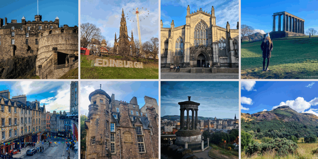 Collage of Edinburgh landmarks and views for an Edinburgh Travel Guide – Edinburgh Castle, Scott Monument, St Giles’ Cathedral, Calton Hill, Victoria Street, and Arthur’s Seat, photographed by Hazel’s Travels.
