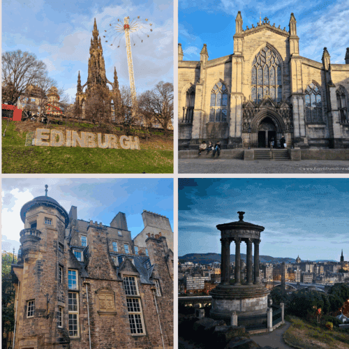 Collage of Edinburgh landmarks and views for an Edinburgh Travel Guide – Edinburgh Castle, Scott Monument, St Giles’ Cathedral, Calton Hill, Victoria Street, and Arthur’s Seat, photographed by Hazel’s Travels.