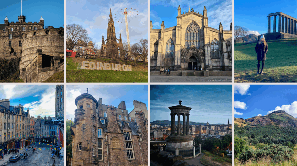 Collage of Edinburgh landmarks and views for an Edinburgh Travel Guide – Edinburgh Castle, Scott Monument, St Giles’ Cathedral, Calton Hill, Victoria Street, and Arthur’s Seat, photographed by Hazel’s Travels.