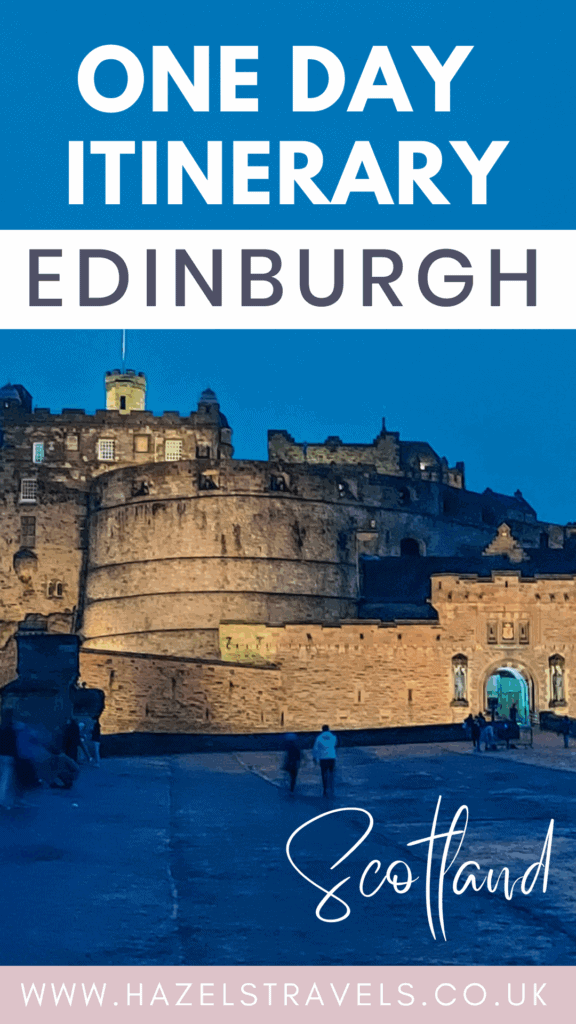 Edinburgh Castle illuminated at dusk with text overlay reading ‘Edinburgh’ — travel guide for exploring Edinburgh in one day.