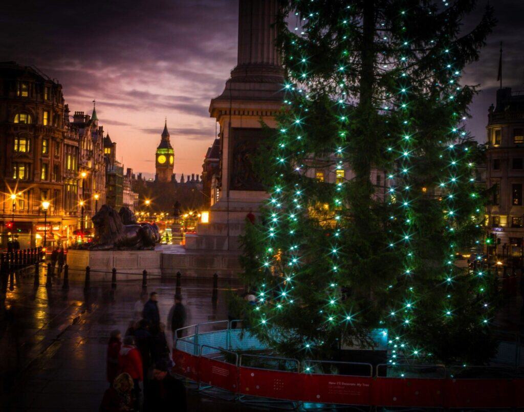 Christmas tree in Trafalgar Square at dusk, with Nelson’s Column and London skyline glowing in the background