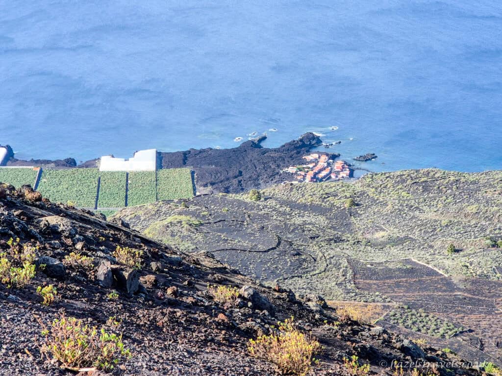 Aerial view of Puerto de Tazacorte nestled on volcanic cliffs by the sea
