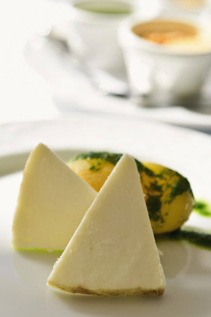 Slices of Majorero cheese from Fuerteventura, a semi-hard goat’s cheese with a pale yellow rind.