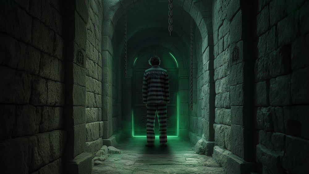 Person in black-and-white striped prison clothing standing in a dimly lit stone corridor, facing a heavy door glowing with eerie green light.