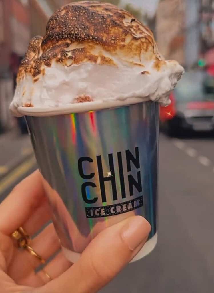 Toasted marshmallow hot chocolate from Chin Chin Labs in London, served in a metallic cup.