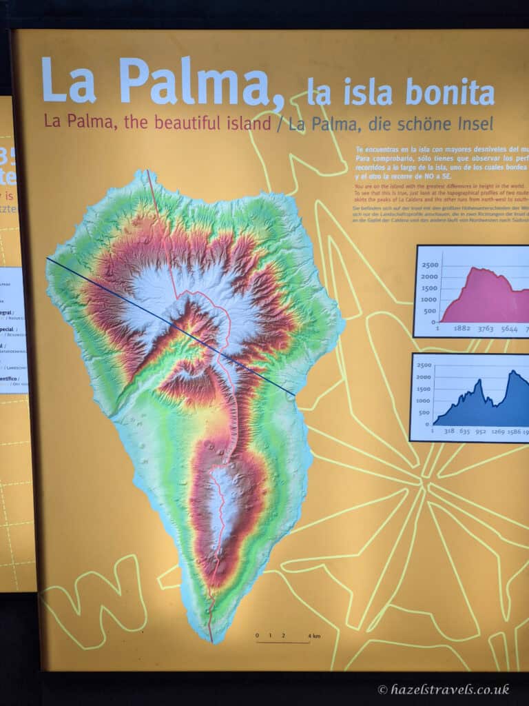 Educational display map of La Palma’s topography at the Caldera de Taburiente visitor centre in El Paso, Canary Islands.