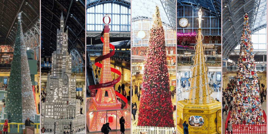 Collage of St Pancras International Christmas trees from past years, including a shimmering silver and green tree, a monochrome illustrated cityscape tree, a pink-and-gold Eiffel Tower tree with a red ribbon, a red and gold floral tree, a golden carousel-style tree, and a tall tree made from colourful soft toys, all displayed beneath the stationâs iconic glass and steel roof.