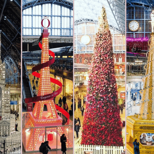 Collage of St Pancras International Christmas trees from past years, including a shimmering silver and green tree, a monochrome illustrated cityscape tree, a pink-and-gold Eiffel Tower tree with a red ribbon, a red and gold floral tree, a golden carousel-style tree, and a tall tree made from colourful soft toys, all displayed beneath the stationâs iconic glass and steel roof.