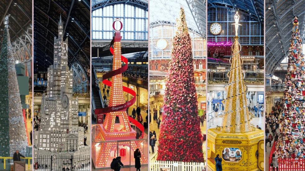 Collage of St Pancras International Christmas trees from past years, including a shimmering silver and green tree, a monochrome illustrated cityscape tree, a pink-and-gold Eiffel Tower tree with a red ribbon, a red and gold floral tree, a golden carousel-style tree, and a tall tree made from colourful soft toys, all displayed beneath the station’s iconic glass and steel roof.
