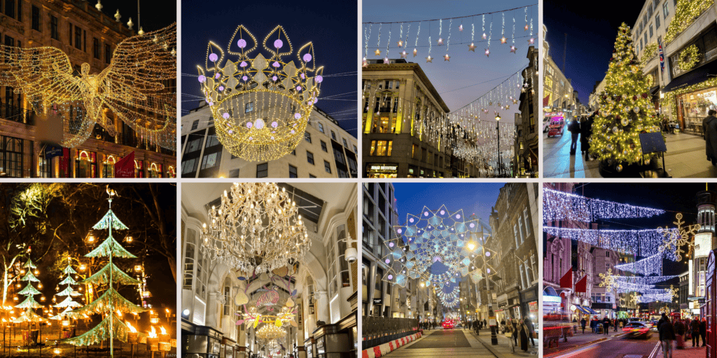 Collage of London Christmas lights and decorations, including golden angel lights, a sparkling gold and purple crown, hanging star lights, a decorated Christmas tree on New Bond Street, glowing green metal trees at a light trail, crystal chandeliers in Burlington Arcade, blue and gold snowflake lights, and shimmering white lights over busy festive streets.