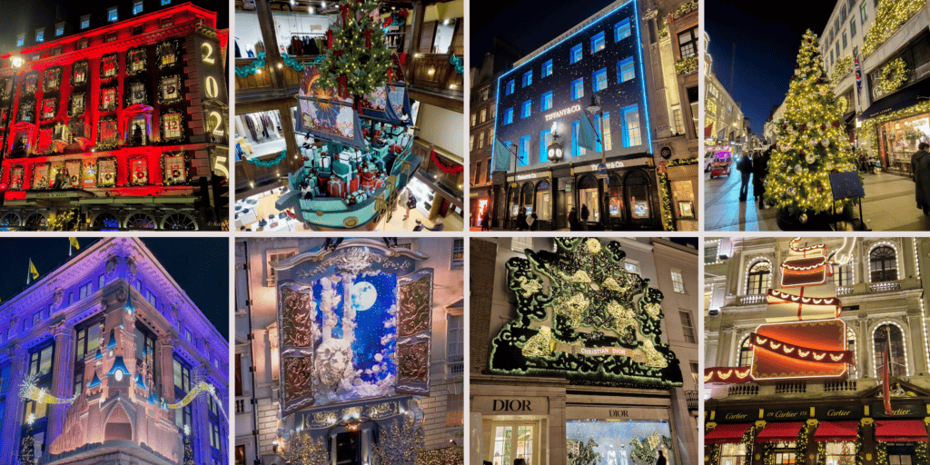 Collage of London Christmas shopfronts in 2025, featuring Fortnum & Masonâs red Advent-calendar façade, Libertyâs turquoise âGood Ship Libertyâ display, Tiffany & Co.âs blue starry building, a golden Christmas tree on New Bond Street, Selfridgesâ purple-and-pink Disney castle design, Annabelâs snowy Narnia-themed façade, Diorâs green illuminated sculptural display, and Cartierâs red-and-gold gift-wrapped building.