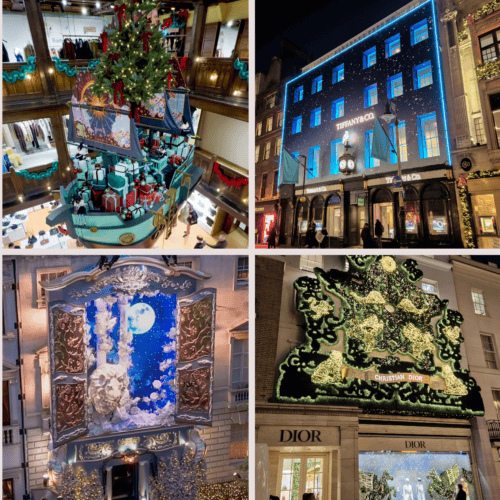 Collage of London Christmas shopfronts in 2025, featuring Fortnum & Masonâs red Advent-calendar façade, Libertyâs turquoise âGood Ship Libertyâ display, Tiffany & Co.âs blue starry building, a golden Christmas tree on New Bond Street, Selfridgesâ purple-and-pink Disney castle design, Annabelâs snowy Narnia-themed façade, Diorâs green illuminated sculptural display, and Cartierâs red-and-gold gift-wrapped building.