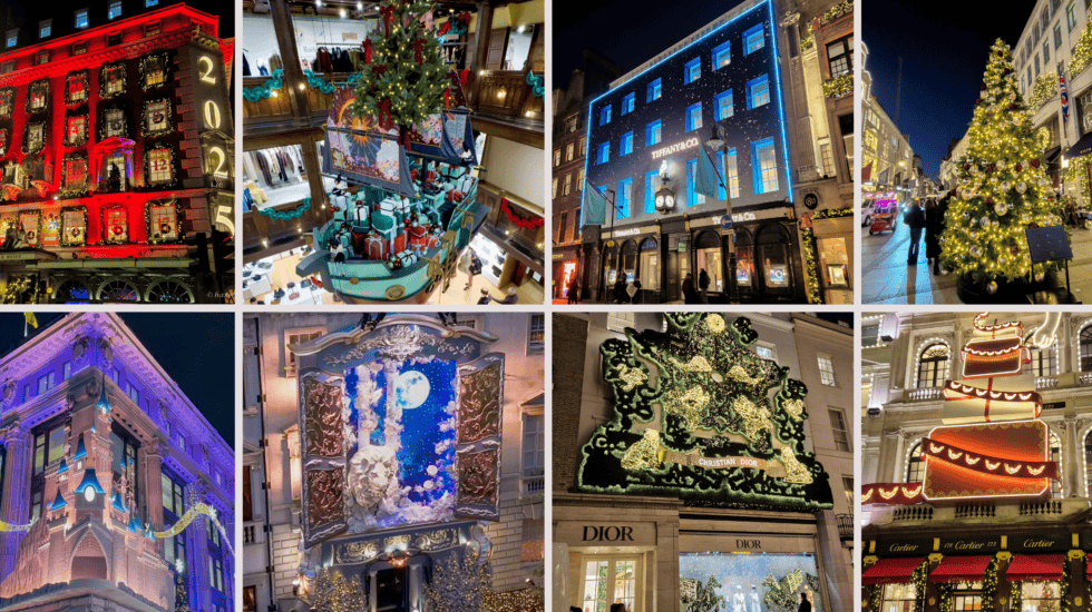 Collage of London Christmas shopfronts in 2025, featuring Fortnum & Mason’s red Advent-calendar façade, Liberty’s turquoise ‘Good Ship Liberty’ display, Tiffany & Co.’s blue starry building, a golden Christmas tree on New Bond Street, Selfridges’ purple-and-pink Disney castle design, Annabel’s snowy Narnia-themed façade, Dior’s green illuminated sculptural display, and Cartier’s red-and-gold gift-wrapped building.