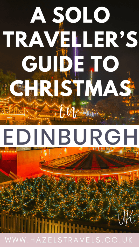 Nighttime view of Edinburgh Christmas Market with glowing lights, festive stalls and city landmarks, featuring warm golden and red tones against a dark winter sky, showcasing a magical Christmas atmosphere in Edinburgh UK