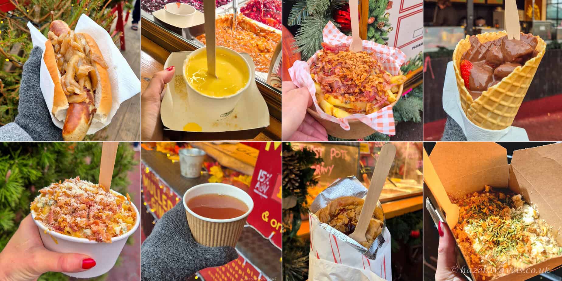 Collage of food and drink from the Edinburgh Christmas Market, including bratwurst, mulled wine, festive fries, mac and cheese, spaetzle, raclette and sweet treats