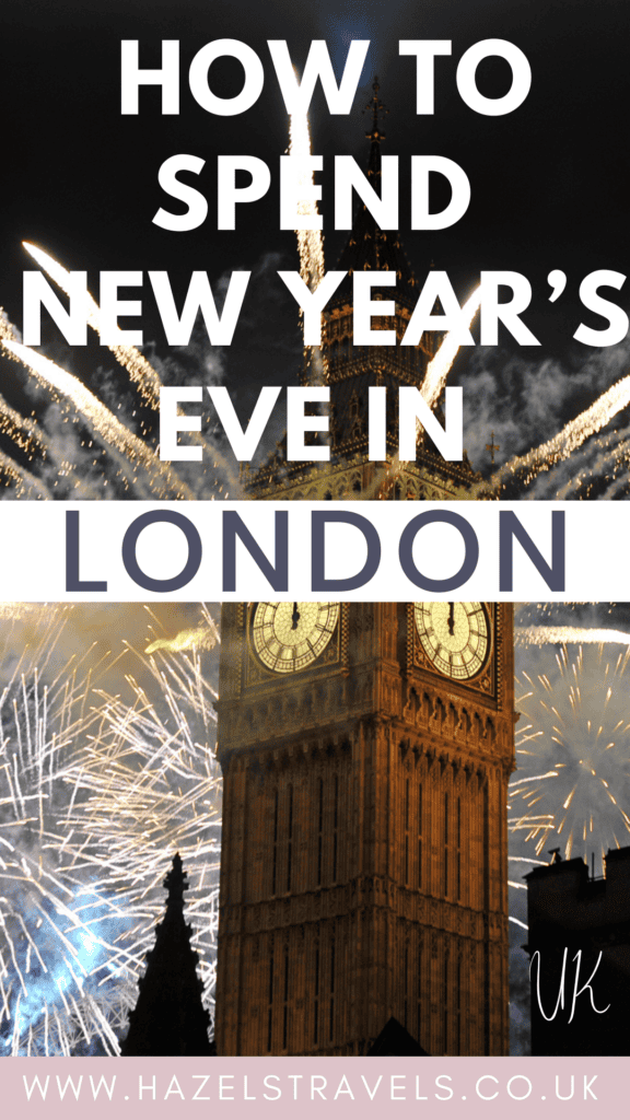 Big Ben in London lit up at night with fireworks bursting in the sky behind it, dramatic New Year’s Eve celebration scene, overlaid with text reading “How to Spend New Year’s Eve in London” in bold white lettering