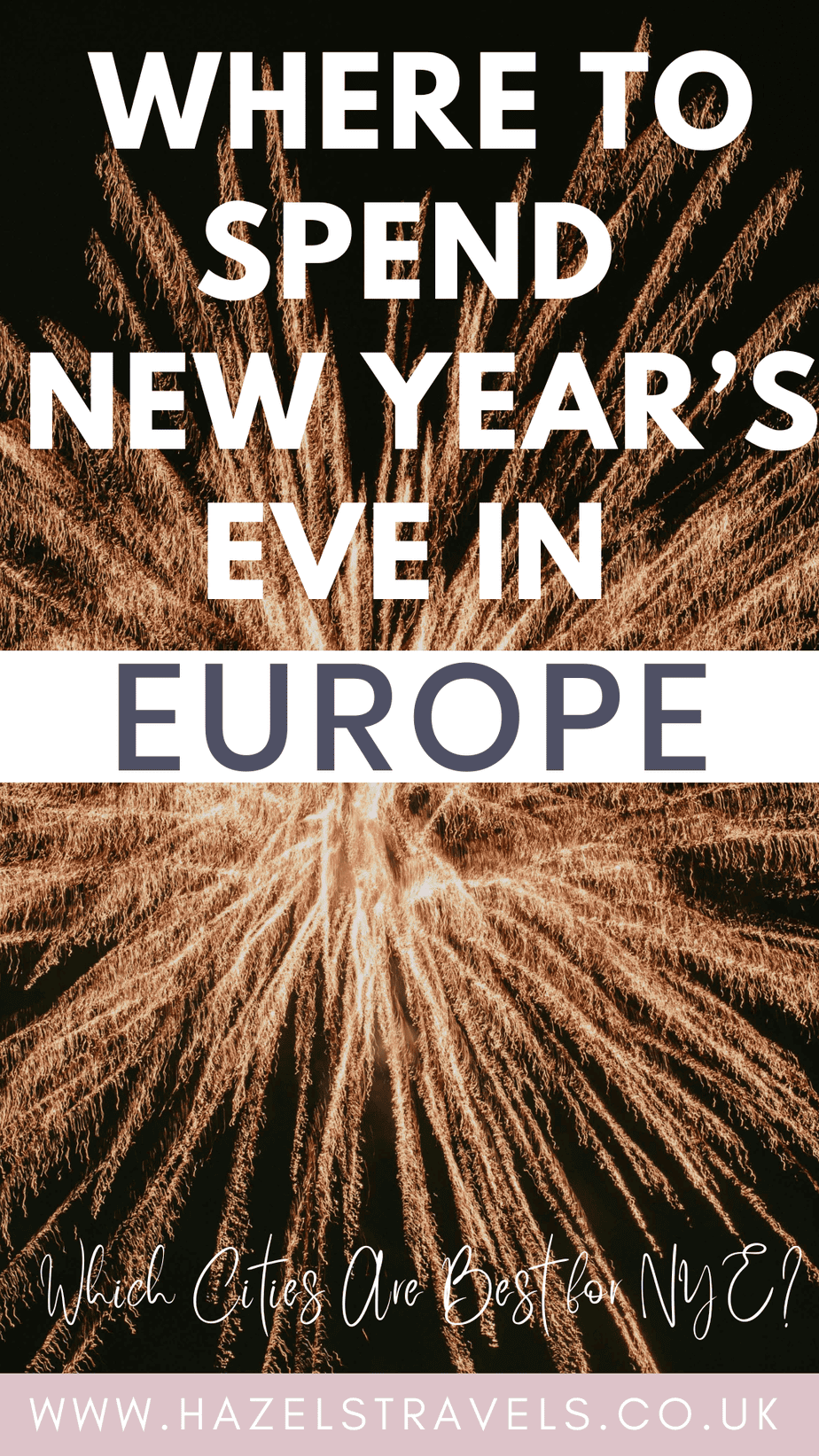 Collage-style image with golden fireworks bursting against a dark sky, overlaid with text reading “Where to Spend New Year’s Eve in Europe – Which Cities Are Best for NYE?” and the Hazel’s Travels website URL