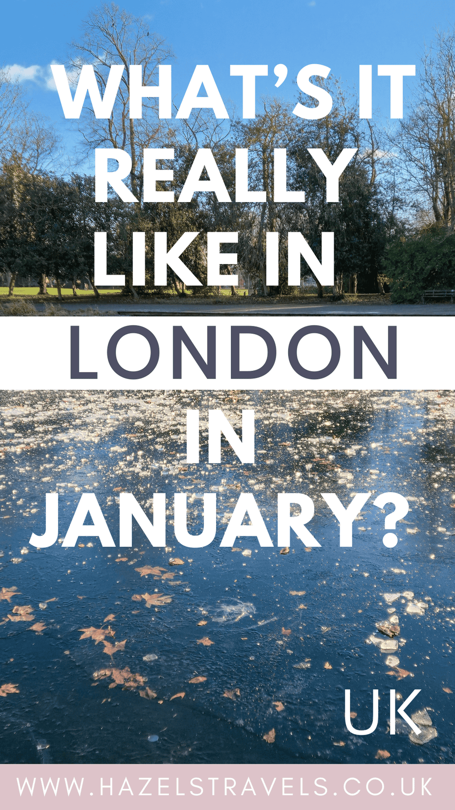 Text overlay reading “What’s it really like in London in January?” over winter scenes of trees and a frozen pond, with UK and hazelstravels.co.uk branding