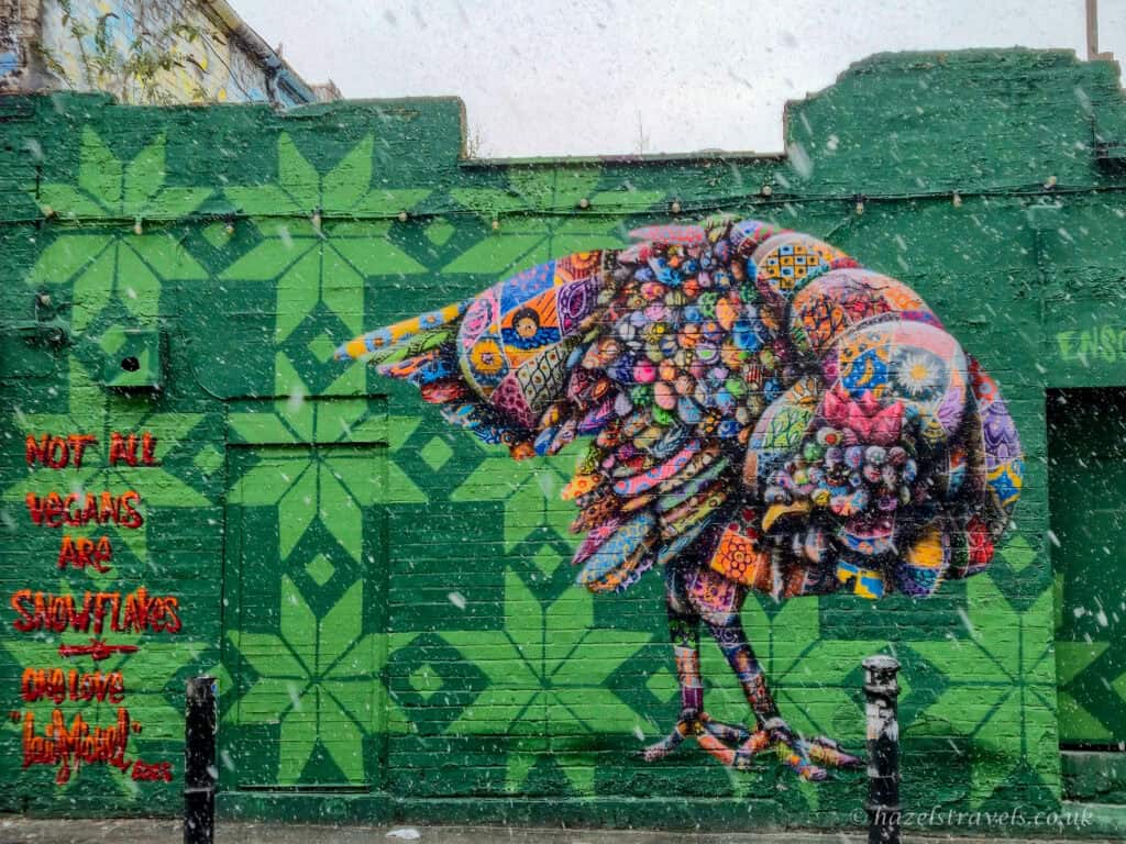 Colourful street art mural in Shoreditch, London, showing a patterned turkey painted on a green wall with the slogan “Not all vegans are snowflakes” and falling snow