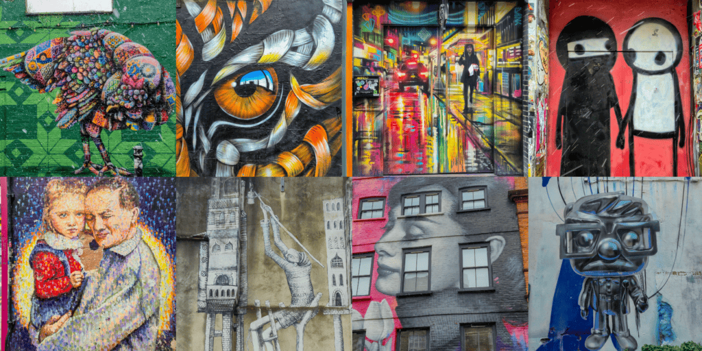 Collage of Shoreditch street art murals including neon city scenes, abstract animals, emotive portraits, stick figures and large-scale urban artworks