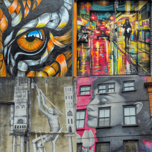 Collage of Shoreditch street art murals including neon city scenes, abstract animals, emotive portraits, stick figures and large-scale urban artworks