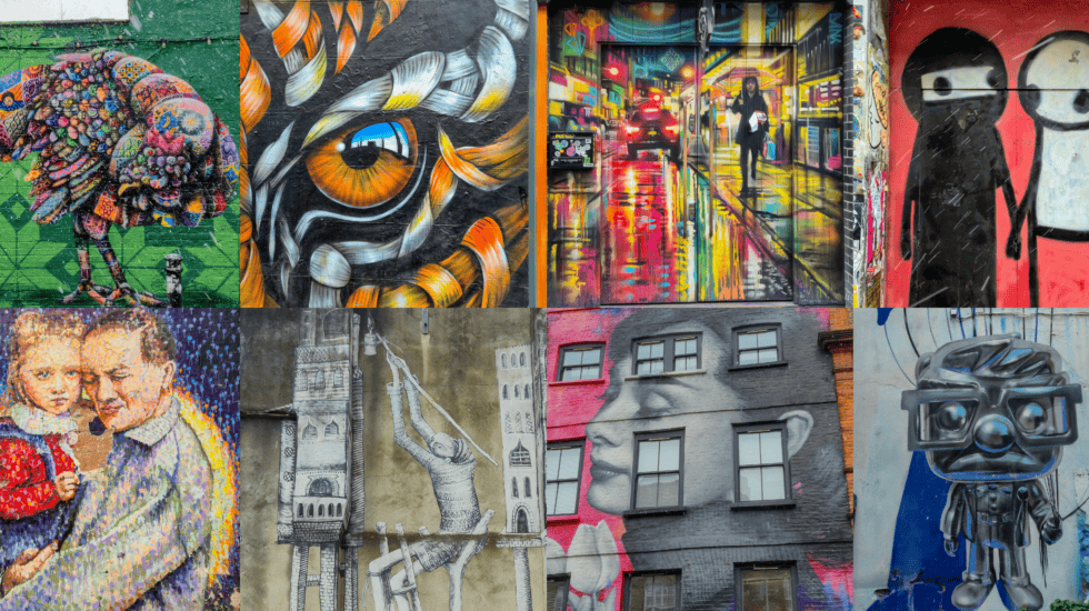 Collage of Shoreditch street art murals including neon city scenes, abstract animals, emotive portraits, stick figures and large-scale urban artworks