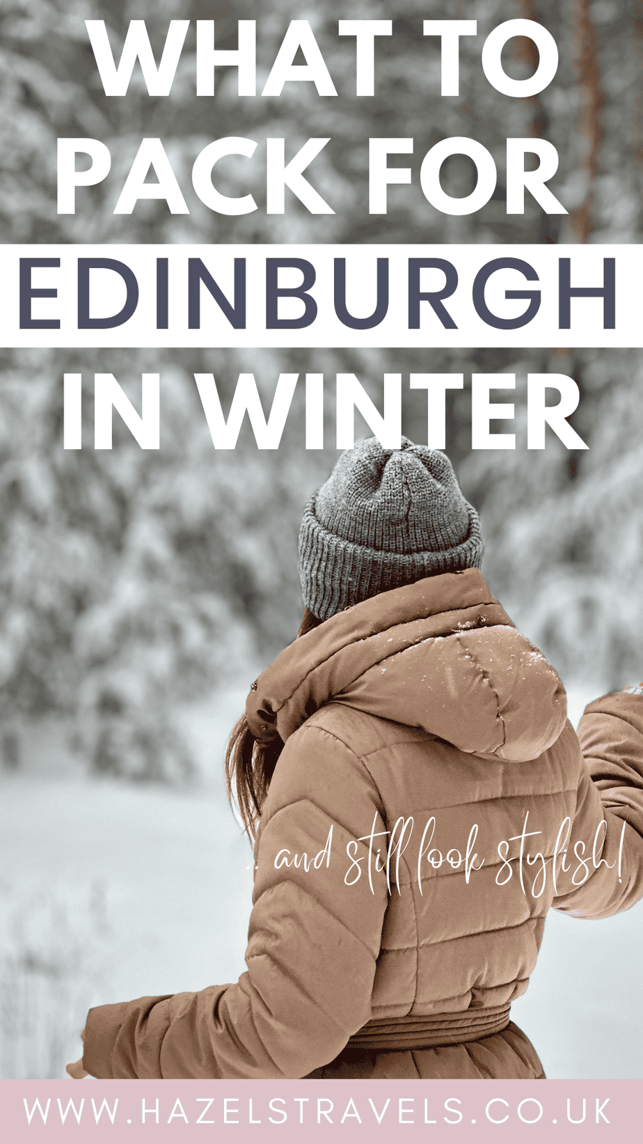 Woman wearing a beige padded winter coat and grey knit beanie standing in a snowy forest background in Edinburgh winter