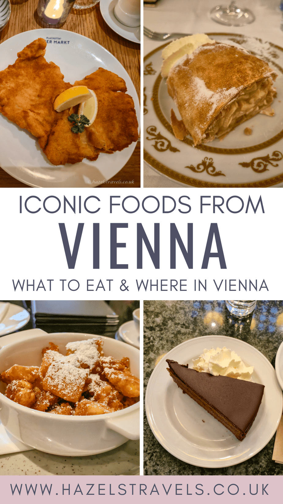 Collage of iconic foods from Vienna including Wiener Schnitzel, Apfelstrudel, Kaiserschmarrn and Sachertorte with text reading “Iconic Food in Vienna – What to Eat & Where in Vienna”.