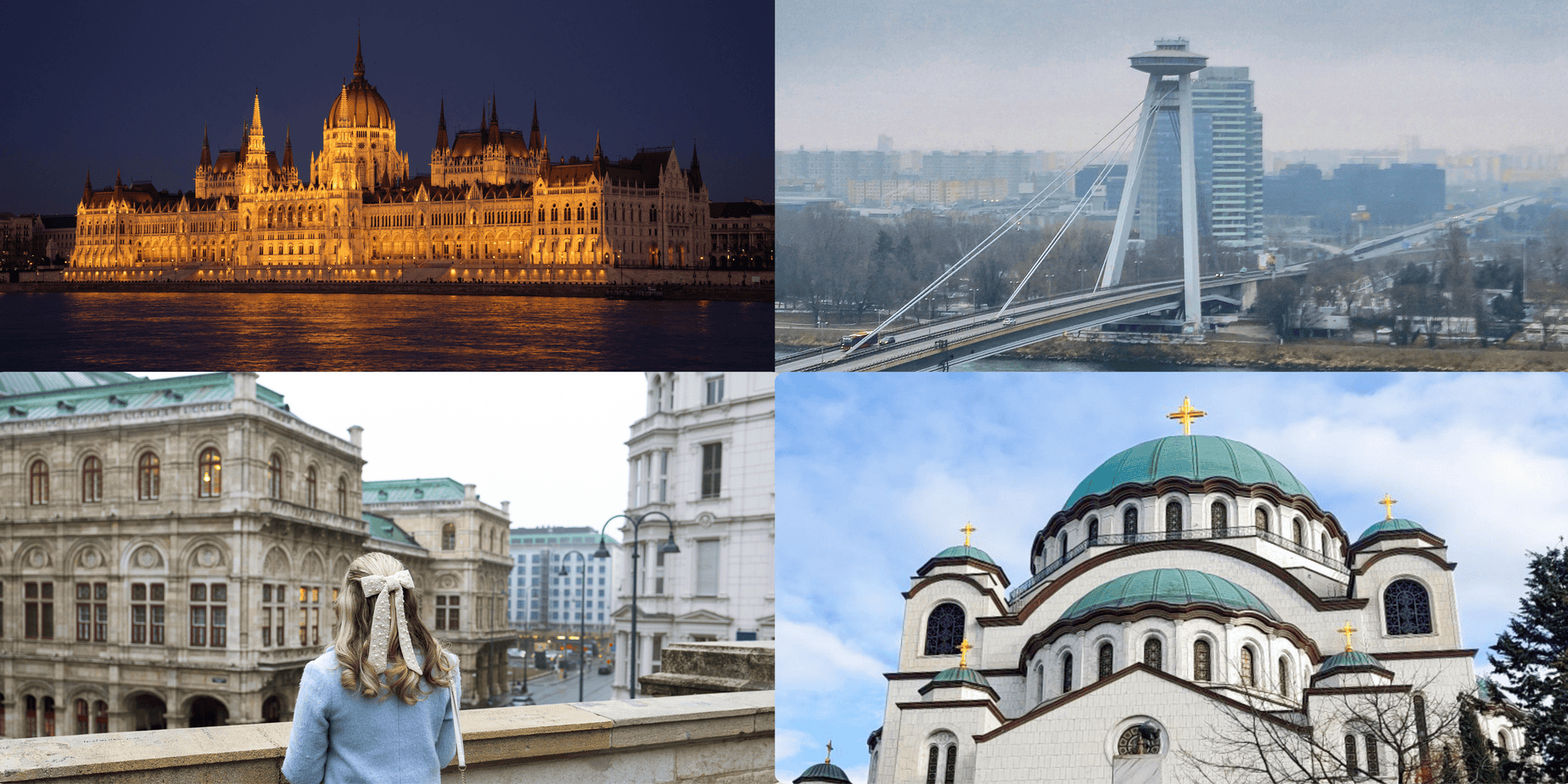Collage of Danube capitals featuring Budapest Parliament at night, Bratislava’s UFO Bridge, Vienna city architecture, and Belgrade’s Saint Sava Temple.