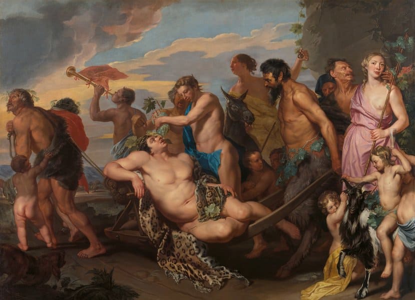 The painting “The Triumph of Bacchus” by Michaelina Wautier depicting Bacchus surrounded by satyrs and figures celebrating in a mythological procession.