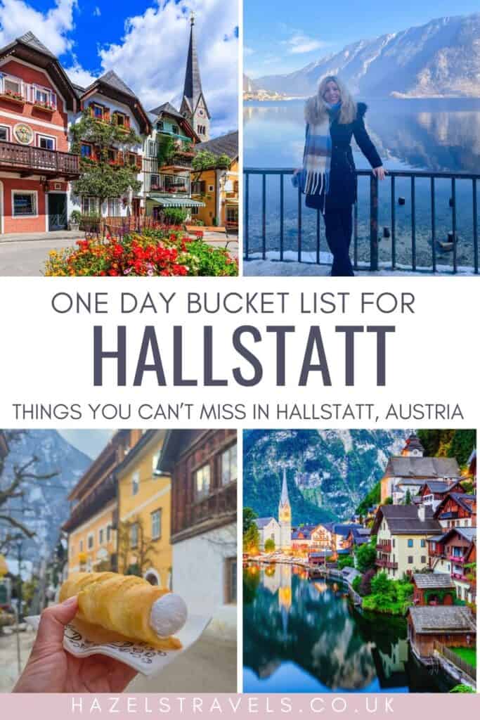 Pinterest graphic titled “One Day Bucket List for Hallstatt” featuring colourful houses, Hallstatt church, a traveller by the lake, and a traditional Austrian Schaumrolle pastry.