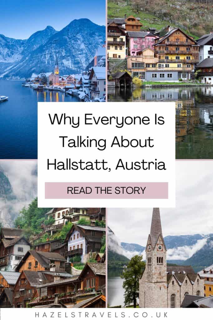 Pinterest graphic asking “Why is Hallstatt so famous?” featuring scenic views of Hallstatt village, colourful lakeside houses, and the church tower in the Austrian Alps.